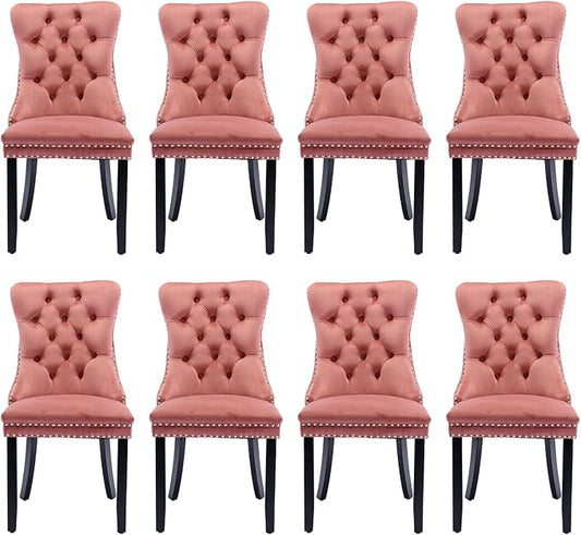 Velvet Upholstered Dining Chairs Set of 8, Modern Style Kitchen Side Chairs with Nailhead Trim and Wood Legs,Metal Pulling Ring for Dining Room Living Room(Pink)