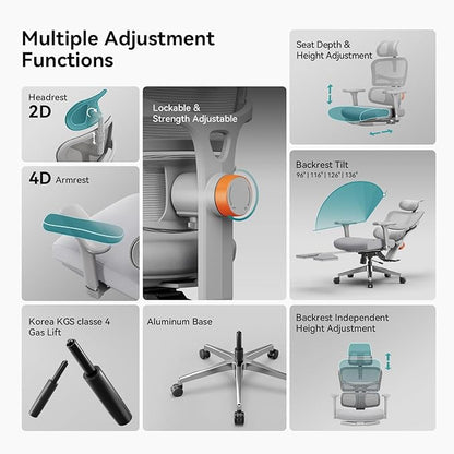 Newtral Ergonomic Mesh Office Chair with Footrest,Laptop Desk, Adaptive Lumbar Support, High Back Desk Computer Chair with Soft 4D Armrest,Adjustable Headrest,136°Tilt Function for Home & Office