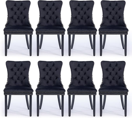Velvet Upholstered Dining Chairs Set of 8, Modern Style Kitchen Side Chairs with Nailhead Trim and Wood Legs,Metal Pulling Ring for Dining Room Living Room(Quadrangular Star&Black)