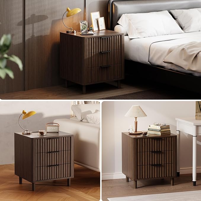 Fluted Nightstand with Charging Station, Multifunctional 3 Drawers Storage Bedside Table, Solid Wood Modern Nightstand, Curved Profile Design, End Table for Indoor Room Bedroom Office, Walnut