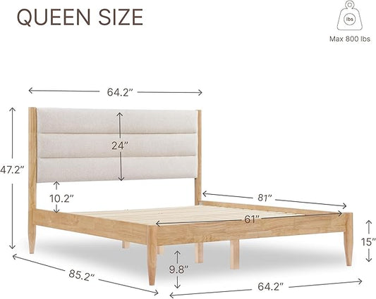 Wood Bed Frame with Headboard Upholstered Platform Mattress Foundation,Strong Wooden Slat Support,No Box Spring Needed