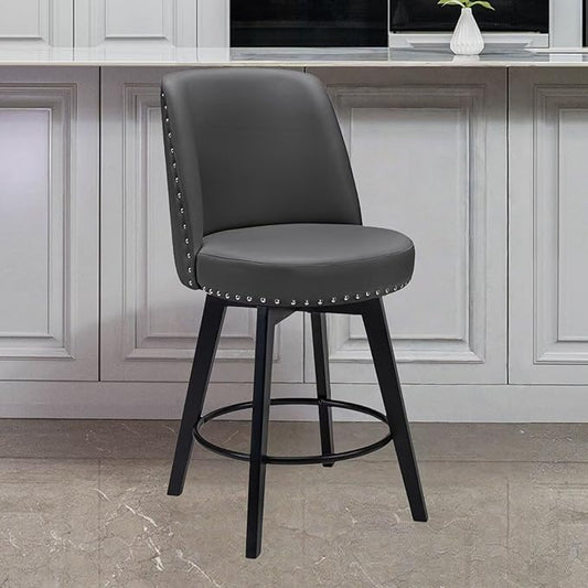 MINCETA Bar Stool, PU Leather Barstool, 26 Inch Upholstered Counter Stool with High Back and Footrest, Swivel Counter Height Barstool for Kitchen Island Home Bar Dark Gray