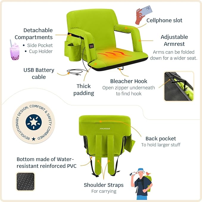 Alpcour Heated Reclining Stadium Seat for Bleachers – Wide Bleacher Chair with Back Support and Cushion, Armrests, Side Pockets, & Hook – Stadium Seats Chairs for Camping, Kayak, Paddle Board & More