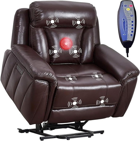 CANMOV 50" Wide Oversized Recliner, Faux Leather Power Lift Recliner Chair, Extra Large Lift Chair with Massage and Heat, Stand Up Recliner for Elderly Big and Tall, Brown
