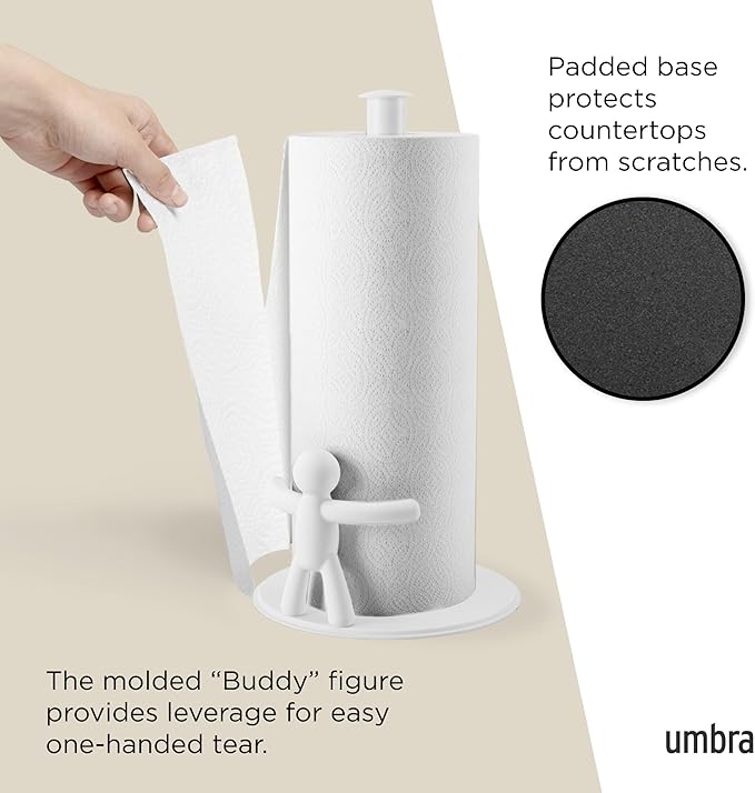 Umbra Buddy Paper Towel Holder Stand for Kitchen Countertop, Unique Dispenser, Standard, White