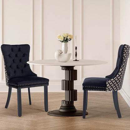 Velvet Upholstered Dining Chairs Set of 2, Modern Style Kitchen Side Chairs with Nailhead Trim and Wood Legs,Metal Pulling Ring for Dining Room Living Room(Quadrangular Star&Black)
