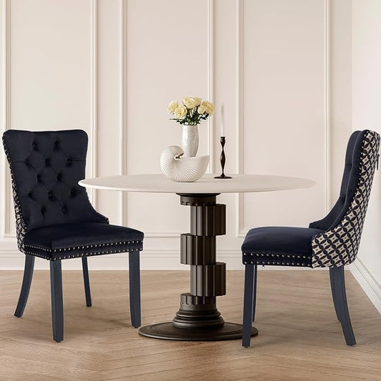 Velvet Upholstered Dining Chairs Set of 2, Modern Style Kitchen Side Chairs with Nailhead Trim and Wood Legs,Metal Pulling Ring for Dining Room Living Room(Quadrangular Star&Black)