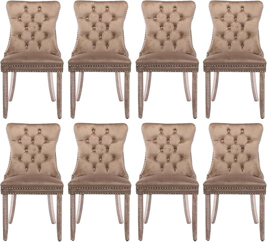 Velvet Upholstered Dining Chairs Set of 8, Modern Style Kitchen Side Chairs with Nailhead Trim and Wood Legs,Metal Pulling Ring for Dining Room Living Room(Khaki)