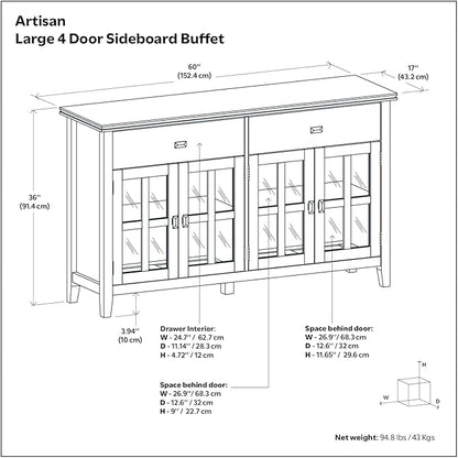 SIMPLIHOME Artisan Buffet - 60 inch Wide Solid Wood 4-Door Sideboard Buffet in Natural Aged Brown, Storage Cabinet for Dining Room or Kitchen with Adjustable Shelves and Square Knobs