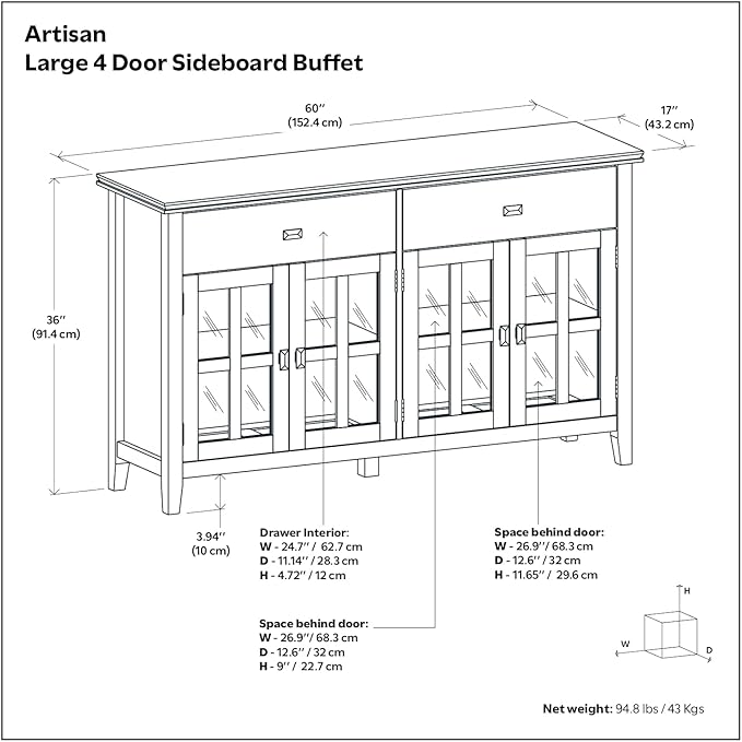 SIMPLIHOME Artisan Buffet - 60 inch Wide Solid Wood 4-Door Sideboard Buffet in Black, Transitional Storage Cabinet for Dining Room or Kitchen with Adjustable Shelves and Square Knobs