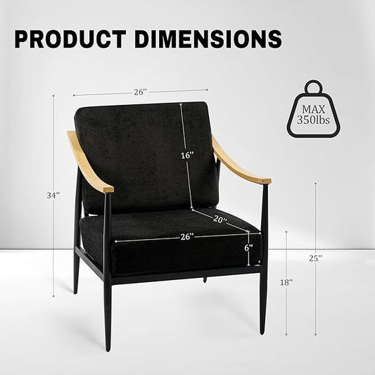 Modern Accent Chairs Set of 2 for Living Room Bedroom Mid Century Arm Chairs Upholstered Office Accent Chairs Comfy Waiting Room Chairs with Metal Frame, Black