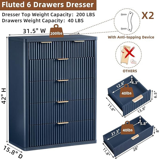 LEYAOYAO Fluted 6 Drawers Dresser for Bedroom, 42" Tall Modern Chest of Drawers with Metal Handle, Curved Profile Design,Navy Blue Wood Drawer Organizer for Bedroom, Living Room, Hallway, Entryway