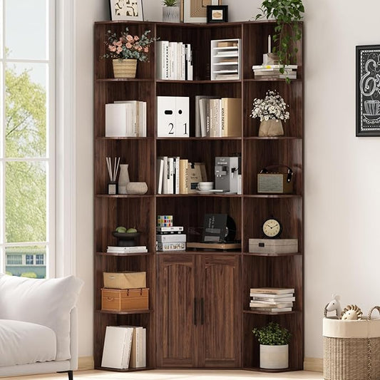 74" Tall Corner Bookshelf with 2 Arched Doors, 6-Tire L Shaped Bookcase with 16 Open Storage Shelves, Rustic Large Corner Shelf with Cabinet for Living Room, Home Office
