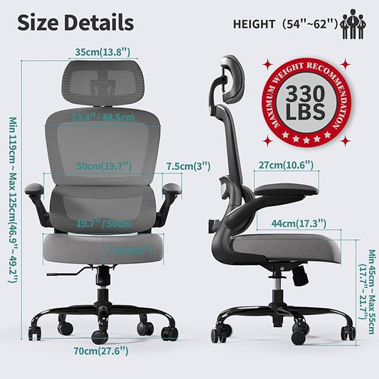 TRALT Office Chair Ergonomic Desk Chair, 330 LBS Home Mesh Office Desk Chairs with Wheels, Comfortable Gaming Chair, High Back Office Chair for Long Hours (Black Grey)