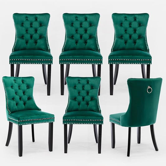 Velvet Upholstered Dining Chairs Set of 6, Modern Style Kitchen Side Chairs with Nailhead Trim and Wood Legs,Metal Pulling Ring for Dining Room Living Room(Green,Set of 6)