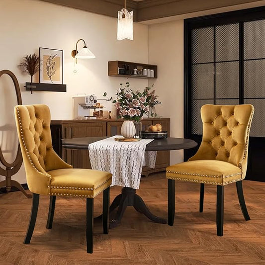 Velvet Upholstered Dining Chairs Set of 2, Modern Style Kitchen Side Chairs with Nailhead Trim and Wood Legs,Metal Pulling Ring for Dining Room Living Room(Gold)