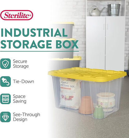 Sterilite 8-Pack 27 Gallon Industrial Tote, Clear Plastic Storage Container Bins with Yellow Lids - Heavy-Duty Organizing Containers for Closet, Bathroom, and Office