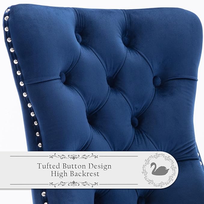 Velvet Upholstered Dining Chairs Set of 8, Modern Style Kitchen Side Chairs with Nailhead Trim and Wood Legs,Metal Pulling Ring for Dining Room Living Room(Blue)