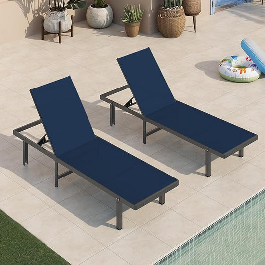 Pool Lounge Chairs Set of 2，Outdoor Lounge Chairs with Wheels and 5-Position Recliner -Easy to Move- Aluminum Patio Lounge Chair for Poolside, Deck (Navyblue)