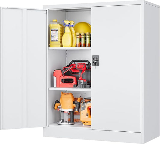 SISESOL Small Metal Cabinet with Shelves,36 inch Garage Storage Cabinet with Lock,White Metal Storage Cabinets with Locking Doors,Lockable Office File Cabinets for Home,Office,Shop,Garage