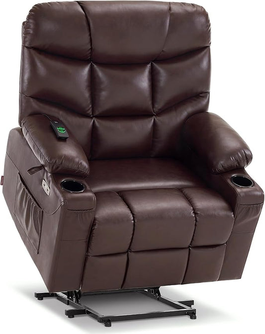 MCombo Oversized Power Lift Recliner Chair with Extended Footrest for Elderly People, Faux Leather R7289 (Dark Brown, Oversize)