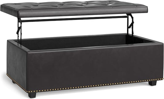 SIMPLIHOME Hamilton 44 inch Wide Traditional Rectangle Lift Top Rectangular Storage Ottoman in Tanners Brown Vegan Faux Leather, Assembled, For the Living Room, Entryway and Family Room
