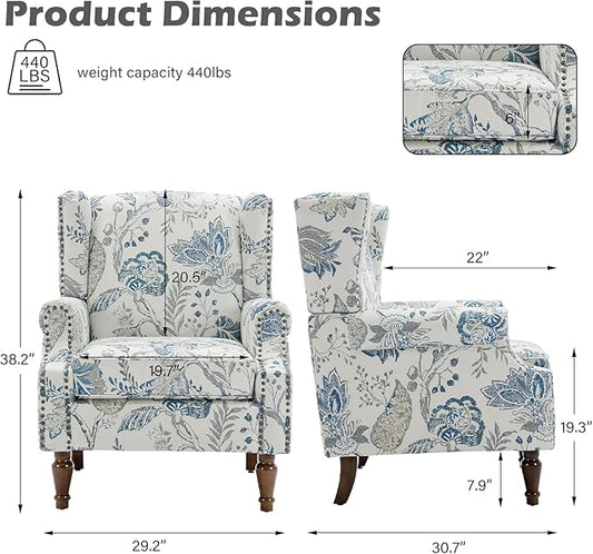 UIXE High Back Floral Accent Chair, Fabric Upholstered Armchair Wingback Chair for Living Room, Nailhead Trim Single Sofa Bedroom Side Reading Seat - Plants Blue