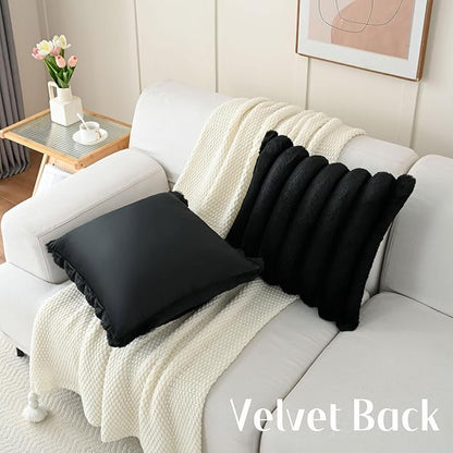 FUTEI Black Decorative Throw Pillow Covers 22x22 Inch Set of 2, Square Soft Faux Rabbit Fur Thick Striped Cushion Cover,Winter Home Decor for Couch Bed Living Room