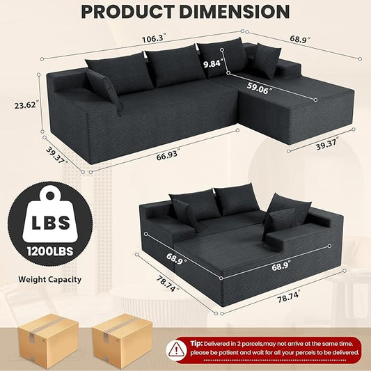 LEVELEVE 107" Cloud Sectional Couch with Deep Seat，Modern Modular Sofa with L-Shape Chaise，No Assembly Required, Upholstered Couches for Living Room Bedroom(Dark Gery,Right Facing Chaise)