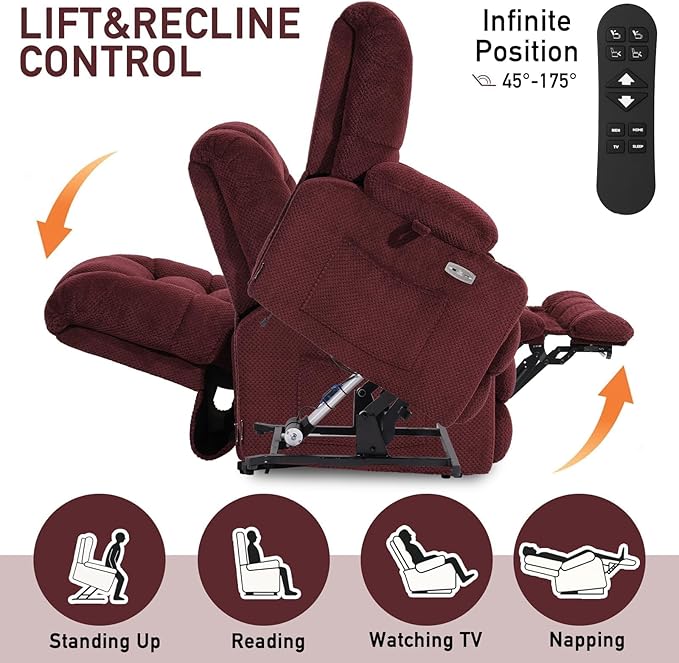 EONIX Dual Motor Lay Flat Power Lift Recliner Chair for Elderly, Electric Recliner Lift Chairs for Adults with Cup Holders, 400lbs Heavy Duty Power Recliner Sofa with Heat and Massage, Burgundy