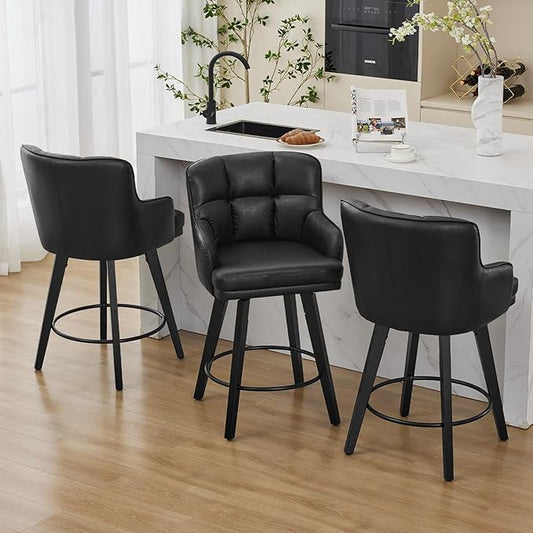 360°Swivel Counter Height Bar Stools with Back, 26 inch Solid Wood Legs, Bar Stool Modern Kitchen Island Chairs, Faux Leather (Black- Faux Leather, 26" H- Set of 3)