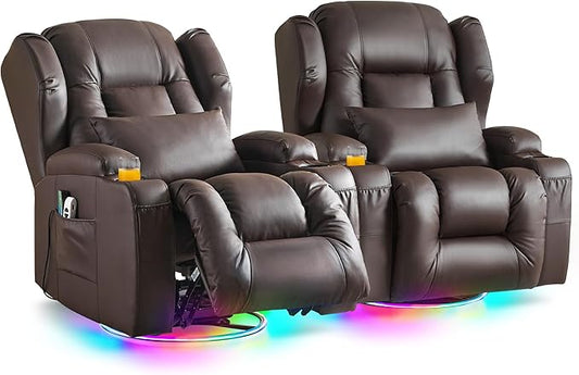 Power Swivel Rocker Recliner Chairs, Electric Wall Hugger Reclining Sofa with Massage & Heat, Comfy Theater Seating Single Chair with LED Light/USB/Type-C Ports (Leather Brown, Set of 2)