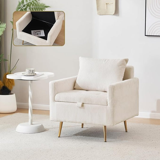 Furnimart Beige Mid-Century Modern Corduroy Storage Accent Chair with Arm, 1-Seater, Built-in Storage, Reading Chair for Bedroom, Living Room, Apartment