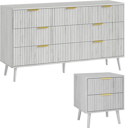 LYNSOM Fluted Dresser and Nightstand Sets 2 Piece, 2-Drawer Nightstands and 7-Drawers Dresser, Wood Bedroom Furniture Set for Home, Bedroom, Hallway, White