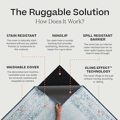 RUGGABLE Washable Vintage Area Rug – Kamran Hazel 8x10, Stain-Resistant, Non-Slip – Large Machine Washable Rugs for Living Room, Bedroom, Hallway, Entryway & Office–with Standard Pad