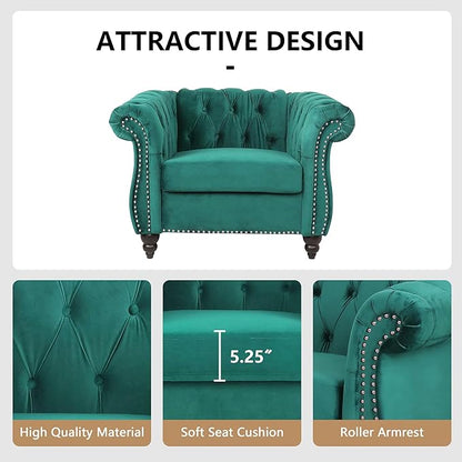 2 Piece Living Room Sofa Set, 3 Seater Velvet Sofa Couch and Chair Set, Mid Century Modern Upholstered Couch with Cushions, Comfy Tufted Chesterfield Couches for Living Room, Bedroom, Office