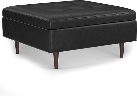 SIMPLIHOME Shay 38 inch Wide Mid Century Modern Large Square Coffee Table Storage Ottoman in Distressed Black Vegan Faux Leather, Assembled, for The Living Room and Entryway