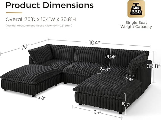 KKL Modular Sectional Couch for Living Room, U Shaped Corduroy Couches with 2 Ottomans, 5 Seater Oversized Sofa Convertible to L Shaped, Soft Fabric Modern Sofa, Black