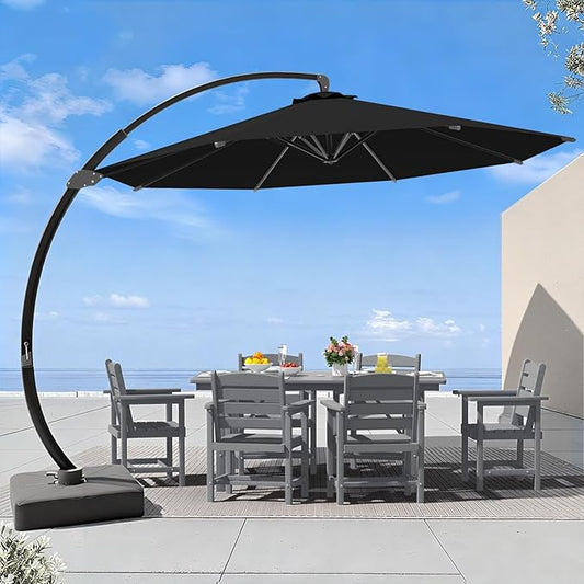 7 Piece Patio Dining Set with 11ft Patio Umbrella (Black), 7 Gray Outdoor HDPE Dining Set with 6 Chairs + 1 Large Table with 2" Umbrella Hole, for Market, Pool, Garden, Backyard, Deck