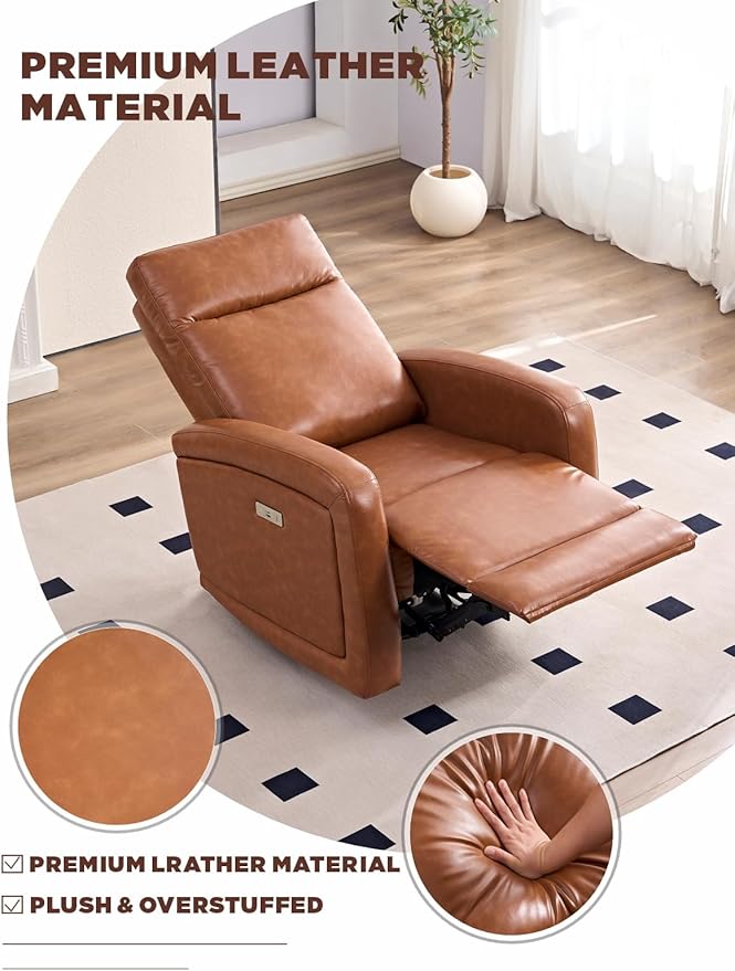 Power Recliner Chairs for Living Room,Wall Hugger Recliners with Power Headrest Type-C Charger, Leather Electric Recliner Chair for Adult, Brown