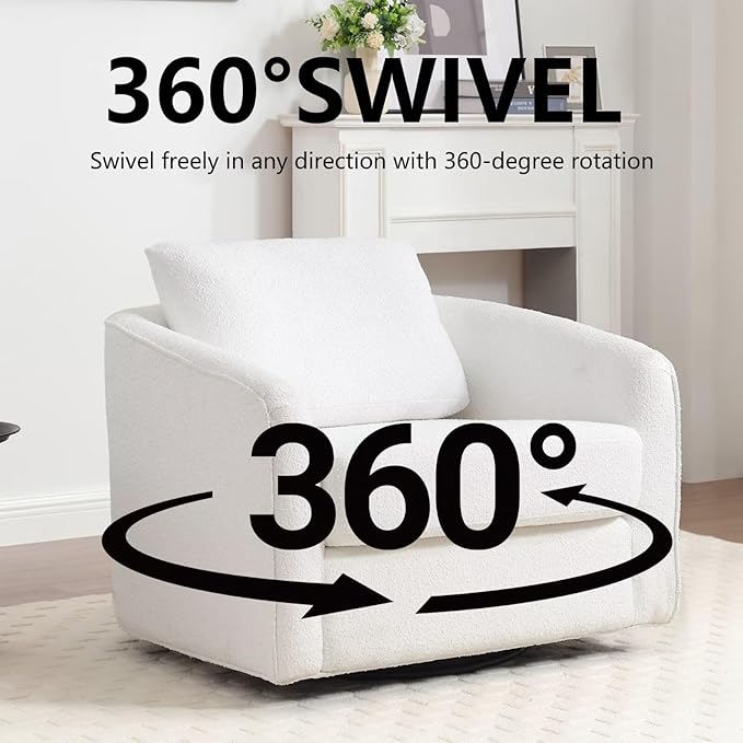 MINCETA Oversized Accent Chair for Living Room, 360° Swivel Barrel Chair with High Density Foam, Modern Glider Chair with Performance Fabric Upholstered Armchair for Apartment, Bedroom White