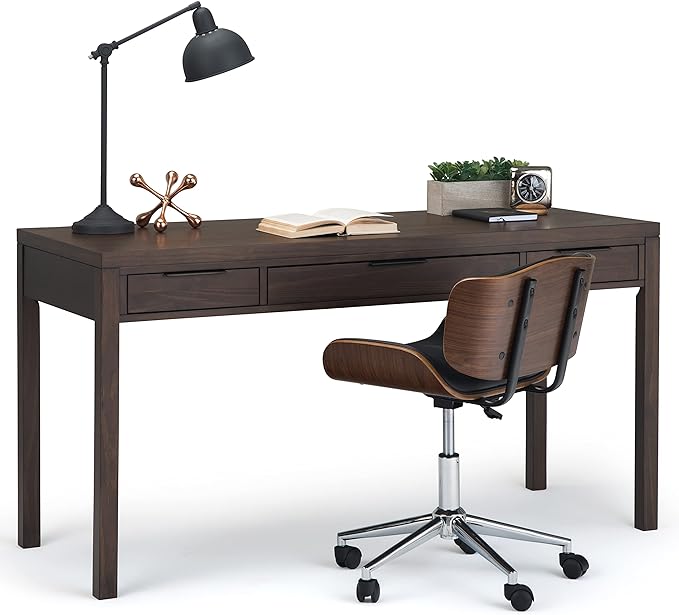 SIMPLIHOME Hollander Desk - 60-Inch Wide Solid Wood Writing Desk in Warm Walnut Brown, Contemporary Home Office Computer Table for Workspace or Study with 2 Drawers and Flip-Down Keyboard Tray