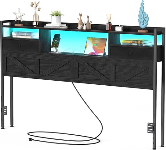 King Size Headboard with Drawers, Outlets & USB Ports,Sturdy Wood Bed Frame with Adjustable Height, Built-in LED Lighting (Black, King 75.2 * 7.08 * 45.7)