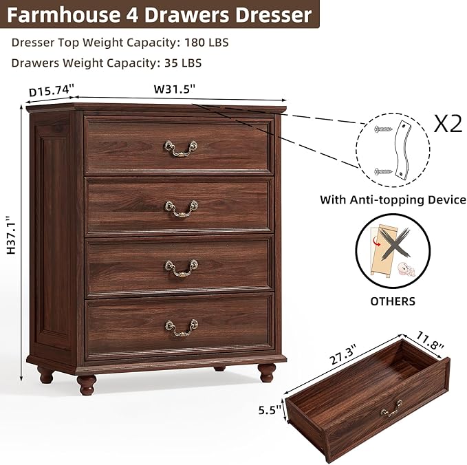 Bedroom Dresser Sets, 54" Wide 7 Drawers Dresser and 37" Tall 4 Drawers Dresser, Wooden 2 Piece Bedroom Furniture Set, Chest of Drawer for Bedroom, Home, Living Room, Hallway, Brown