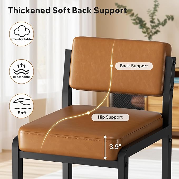 Counter Stools Set of 2, Faux Leather Bar Height Stools with High Back and Metal Legs, Upholstered Bar Chairs, 26" Modern Barstools for Kitchen Island, Caramel