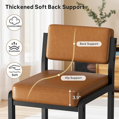 Counter Stools Set of 2, Faux Leather Bar Height Stools with High Back and Metal Legs, Upholstered Bar Chairs, 26" Modern Barstools for Kitchen Island, Caramel