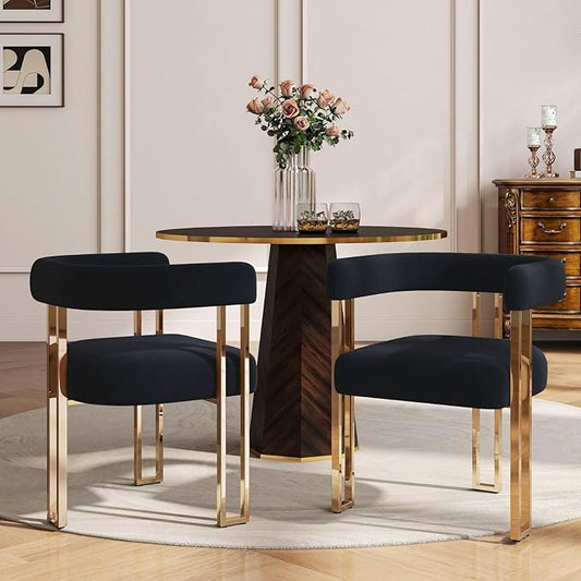 Black and Gold Modern Dining Chairs Set of 2, Velvet Upholstered Barrel Armchairs with Metal Legs for Kitchen Island, Mid Century Accent Chairs for Dining Room Living Room, Open-Back