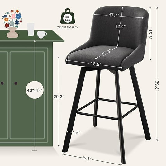 Swivel Counter Height Bar Stools Set of 3, 30''H Upholstered Barstools with Backs, Modern Bar Stool Chairs for Kitchen Island, Metal Legs, Fabric, Black Grey Stools Counter Chair