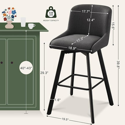 Swivel Counter Height Bar Stools Set of 4, 30''H Upholstered Barstools with Backs, Modern Bar Stool Chairs for Kitchen Island, Metal Legs, Fabric, Black Grey Stools Counter Chair