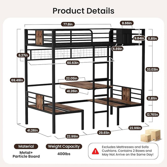 Twin Over Twin Bunk Bed, Convertible Twin Bunk Bed w/Desk & Storage & 2 Seat, Heavy Duty Metal Twin Loft Bed Frame with Safety Guardrails & EVA Padded Ladder for Teens(Cushion not Included)
